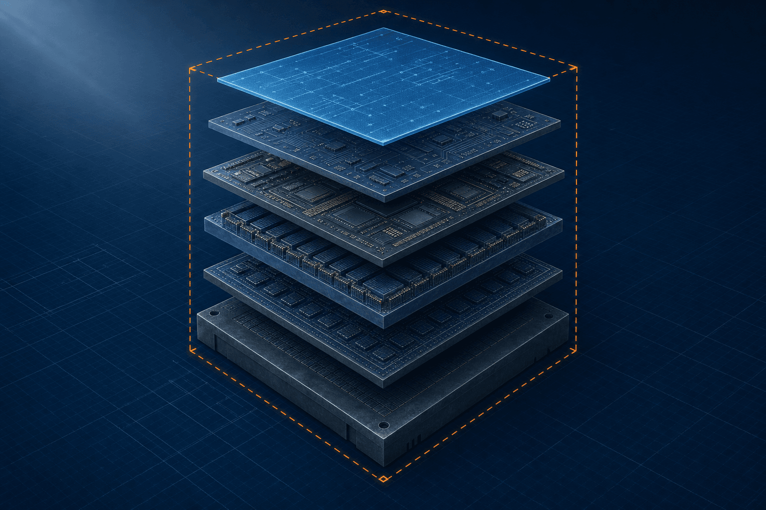 Isometric six-layer architecture stack, from a hardware foundation through model, quantization, and serving layers up to the operator workload, wrapped by a dashed perimeter representing the accredited security boundary.
