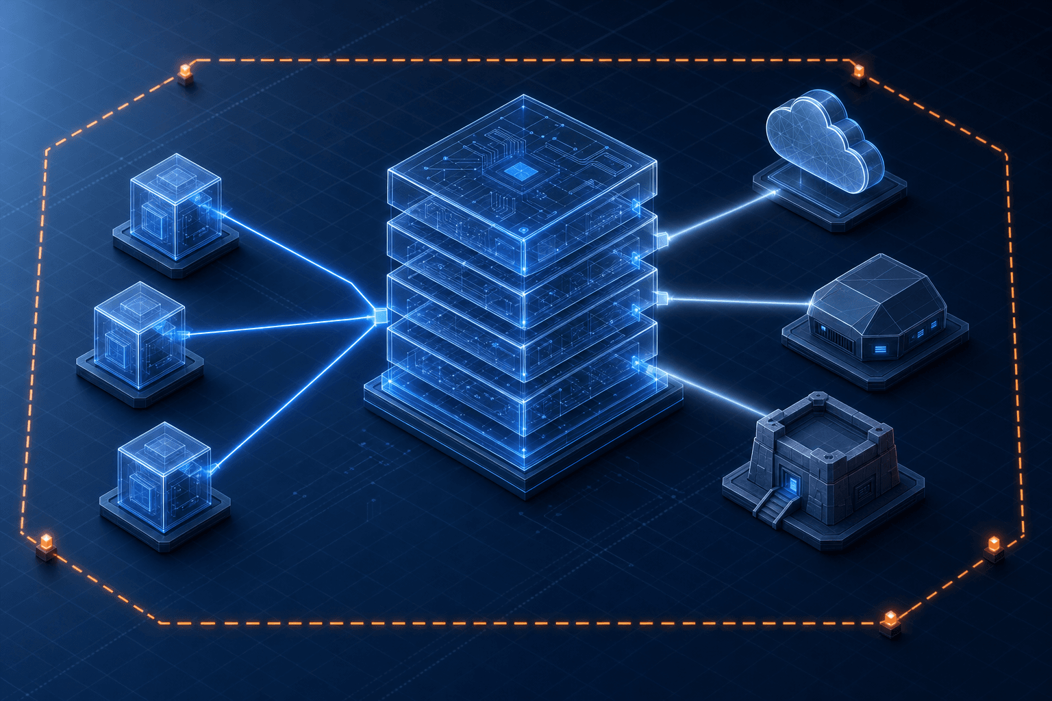 OrionHub architecture, isometric concept diagram